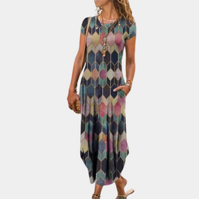 Anne - Lange, vloeiende Jurk met Geometrische Patronen, chic en Comfortabel