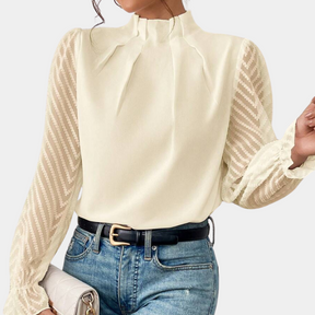 Avery – Elegante Blouse met Transparante Mouwen en Opstaande Kraag