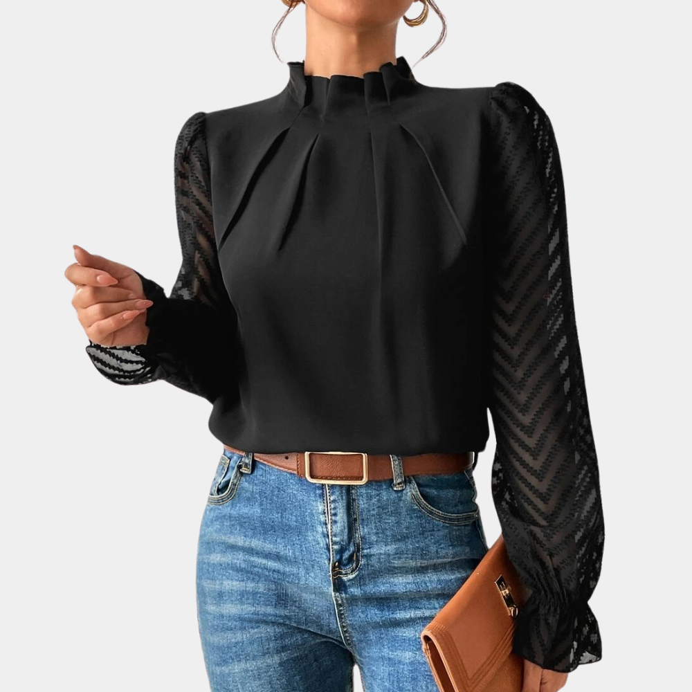 Avery – Elegante Blouse met Transparante Mouwen en Opstaande Kraag