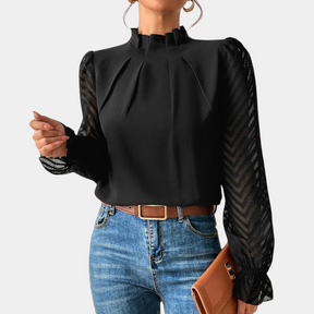 Avery – Elegante Blouse met Transparante Mouwen en Opstaande Kraag