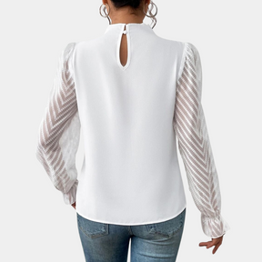 Avery – Elegante Blouse met Transparante Mouwen en Opstaande Kraag