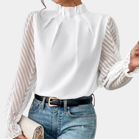 Avery – Elegante Blouse met Transparante Mouwen en Opstaande Kraag