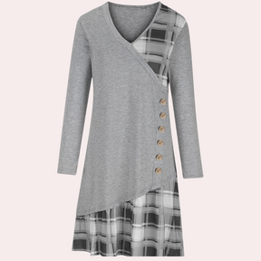Marzena - Asymmetrische Geruite Jurk met Decoratieve Knopen en Comfortabel