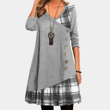 Marzena - Asymmetrische Geruite Jurk met Decoratieve Knopen en Comfortabel