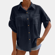 Lena - Casual Oversized Blouse met Knoopsluiting en Korte Mouwen
