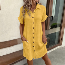Emma – Casual Linnen Shirtjurk met Knoopsluiting en Korte Mouwen