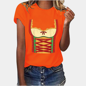 Amaya – T-shirt met Beiers Korsetprint, Nonchalante en unieke Pasvorm