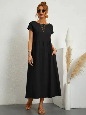 Amélie - Minimalistische Midi Jurk met Relaxte Pasvorm en Korte Mouwen