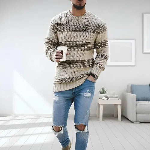 Heren Gestreepte Chunky Gebreide Trui | Ontspannen Comfort