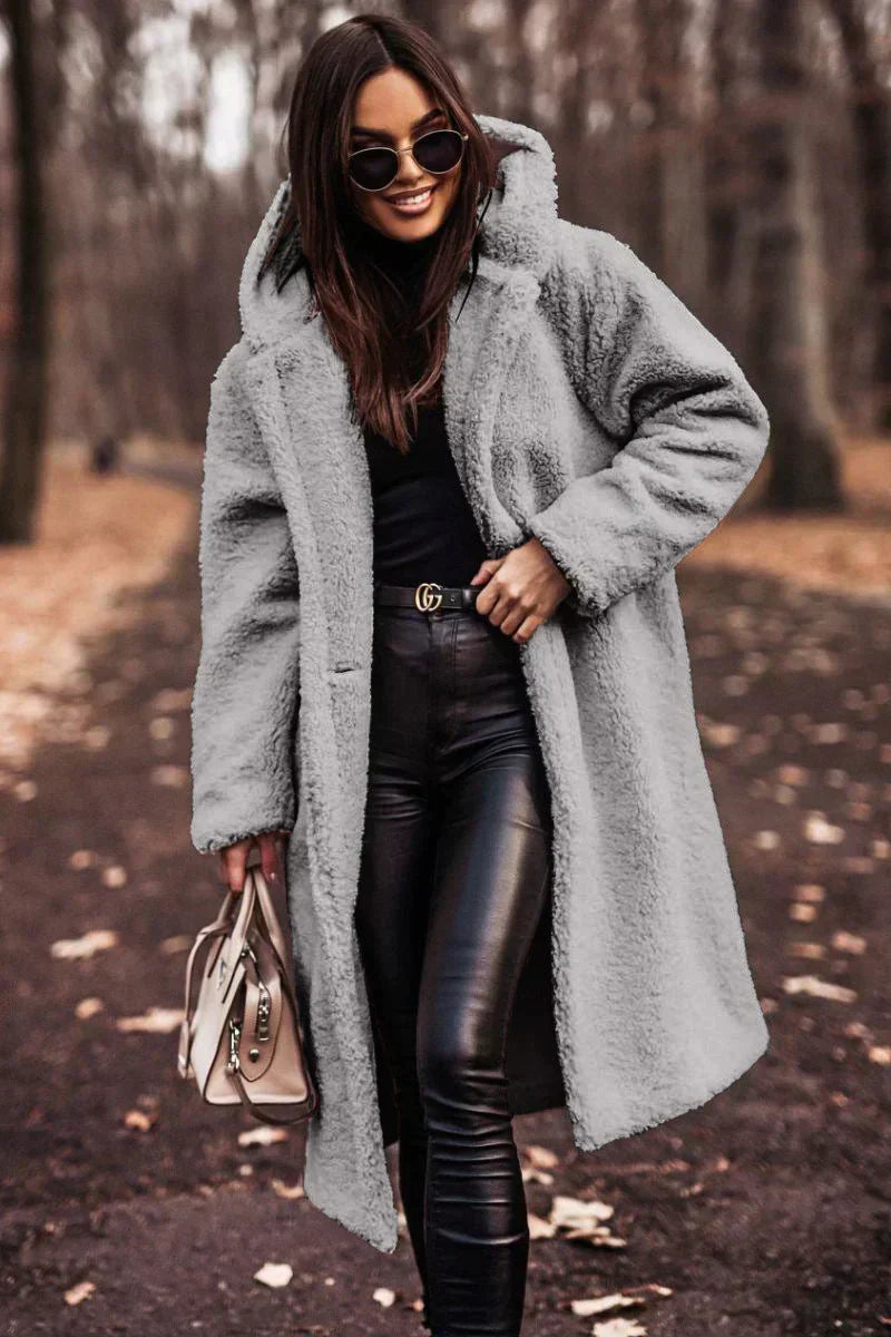 Dames Sherpa Stijl Lange Mantel | Warm & Stijlvol