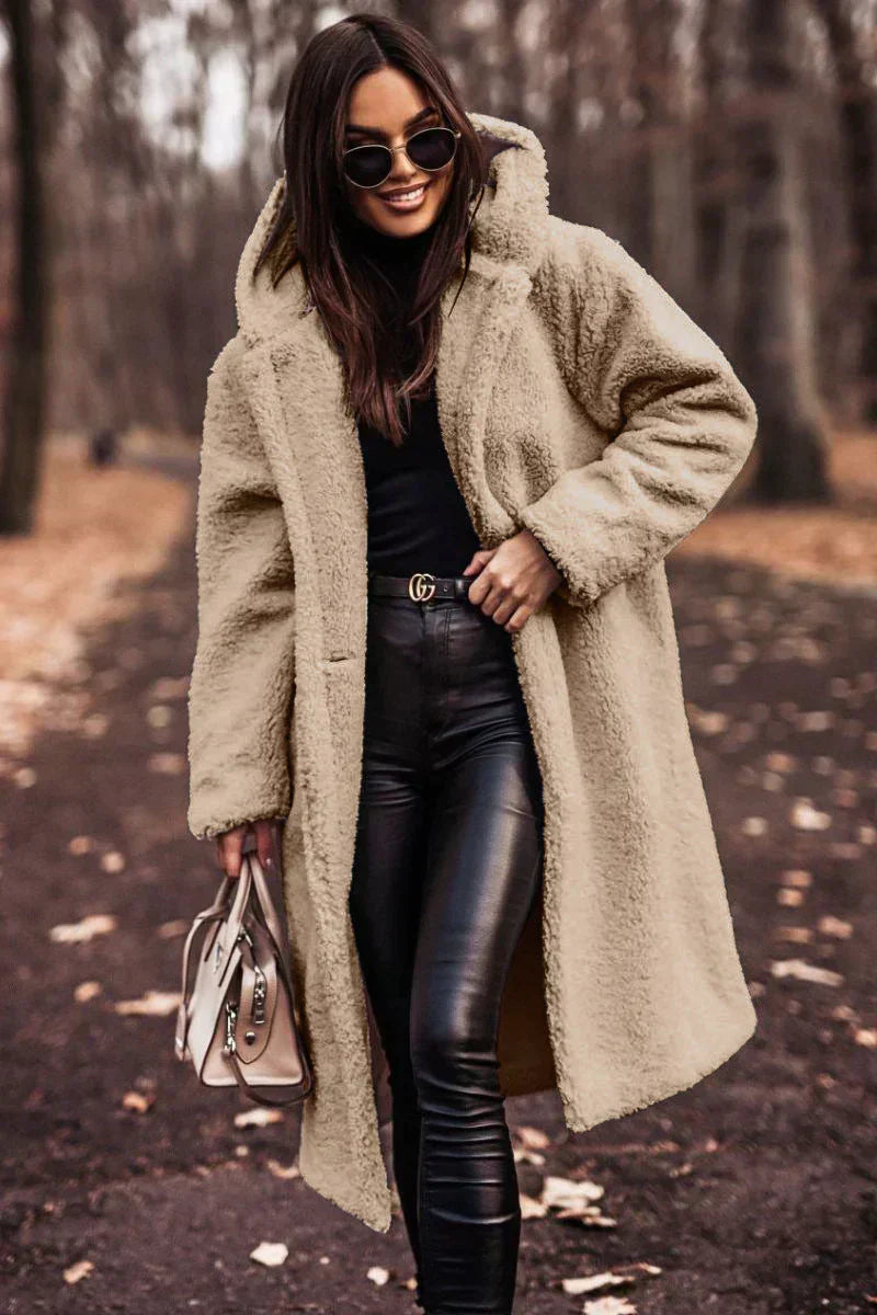 Dames Sherpa Stijl Lange Mantel | Warm & Stijlvol
