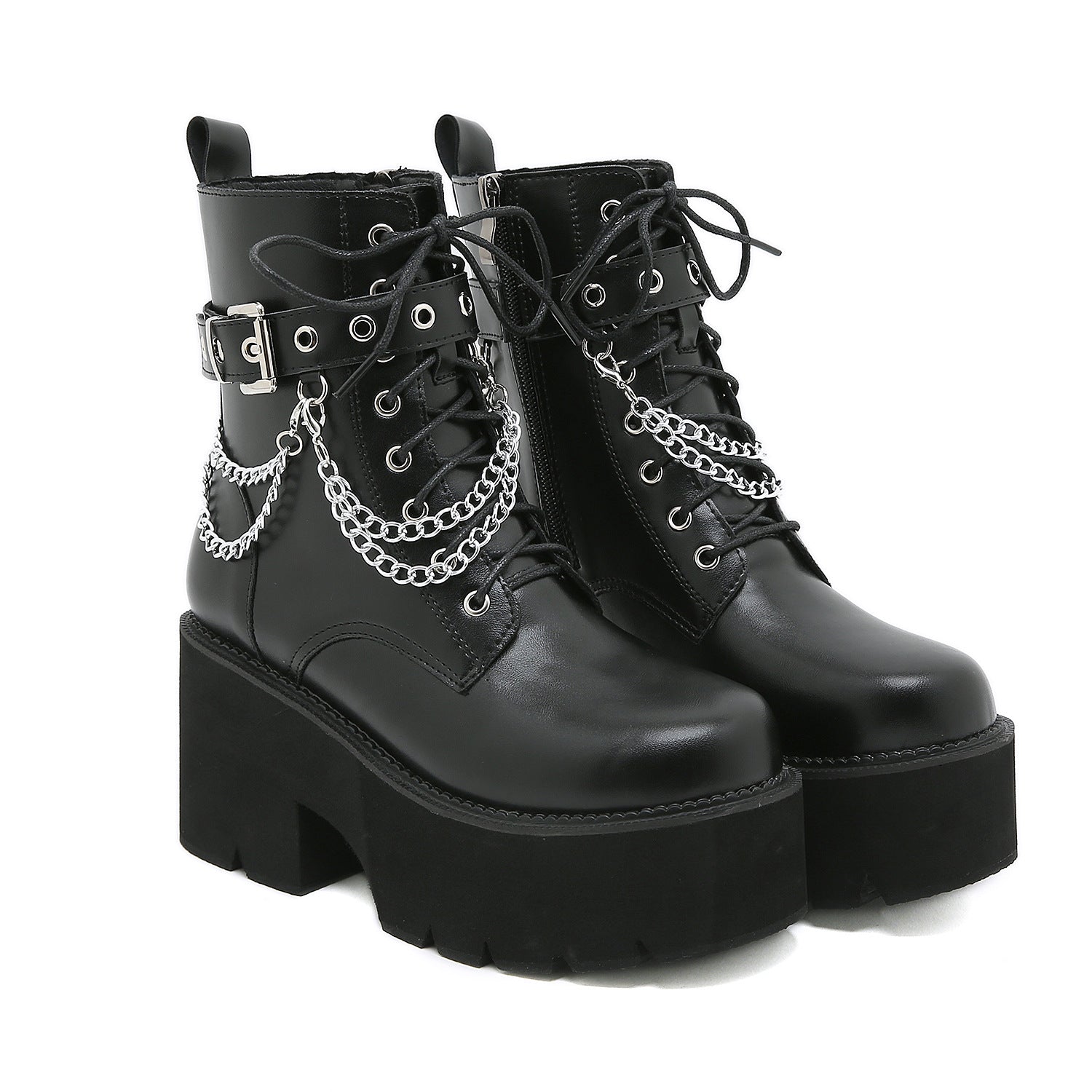 Dames Zwarte Plateau Combat Laarzen | Gotische Veterlaarzen met Kettingdetail