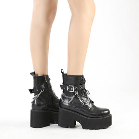 Dames Zwarte Plateau Combat Laarzen | Gotische Veterlaarzen met Kettingdetail
