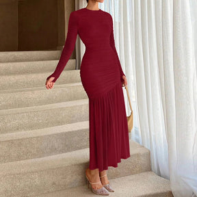 Victoria - Elegante Maxi Jurk met Lange Mouwen & Ruches Detail