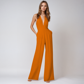 Lisette - Dames Elegante Diepe V-Hals, Rugloze Wijde Pijpen Jumpsuit