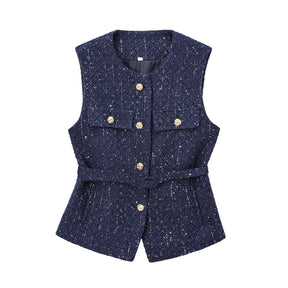 Amélie - Chic Getailleerd Tweed Gilet met Goudkleurige Knopen