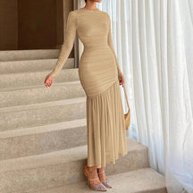 Victoria - Elegante Maxi Jurk met Lange Mouwen & Ruches Detail