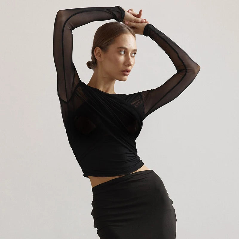 Elisa - Elegante Mesh Crop Top met Lange Mouwen & Gekruist Design