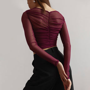 Elisa - Elegante Mesh Crop Top met Lange Mouwen & Gekruist Design