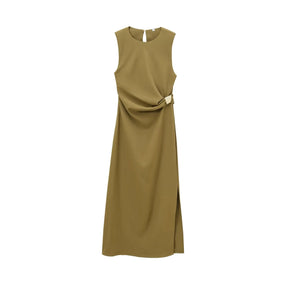 Olivia - Chique Mouwloze Midi Jurk met Goudkleurige Gesp