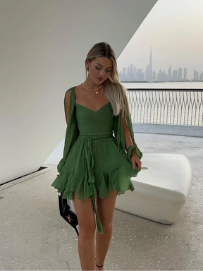 Amira - Elegante Chiffon Mini Jurk met Flowy Mouwen en A-Lijn Pasvorm