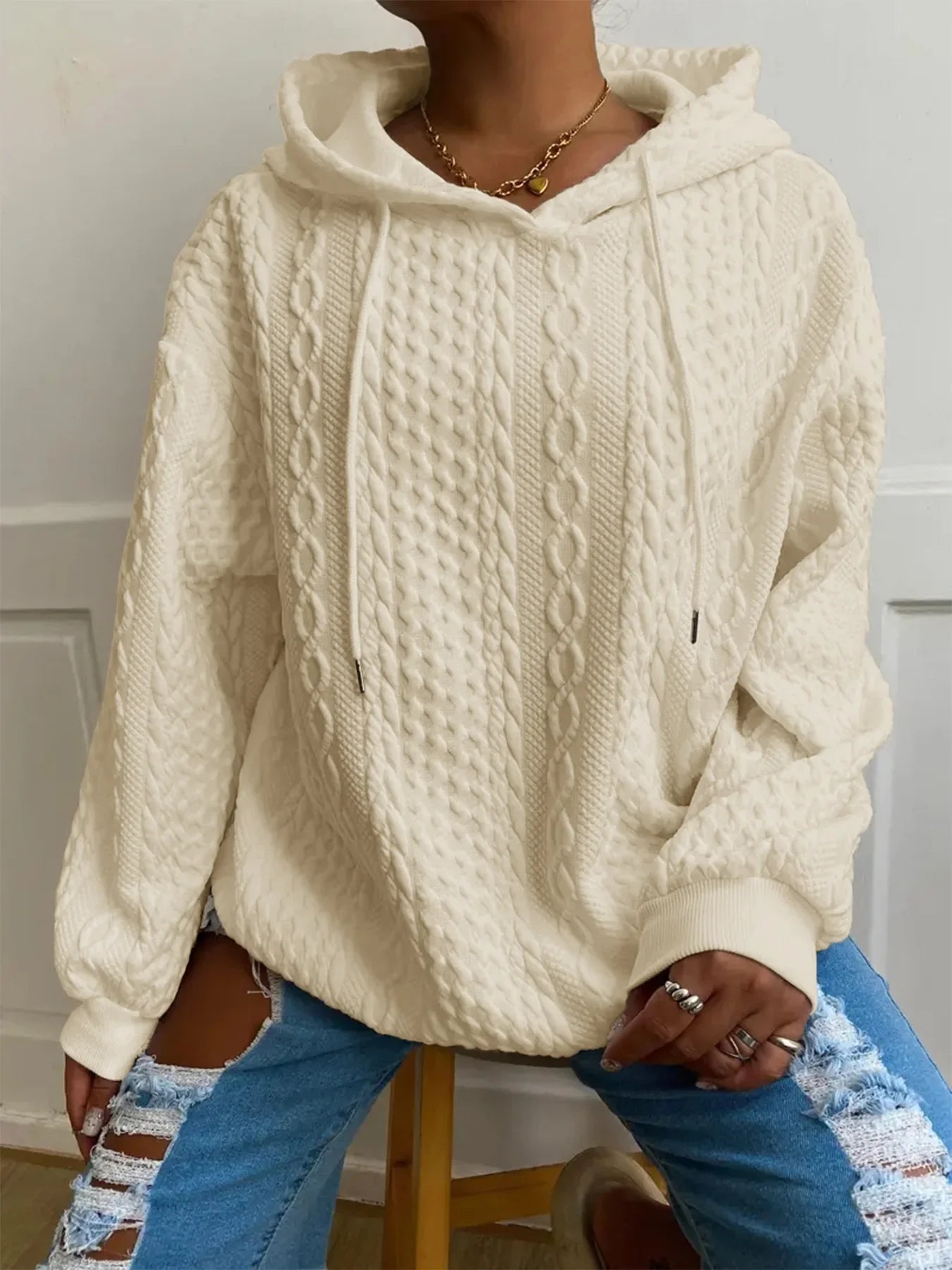 Dames Winter Hoodie met Lange Mouwen in Kabelbreisel | Losse Pasvorm