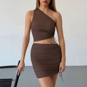 Amelia - Trendy One-Shoulder Ruched Mini Jurk Set