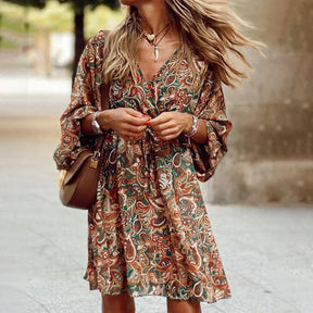 Eilen - Vloeiende Boho Jurk met Bloemenprint en Lange Mouwen