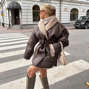 Olivia - Elegante en Warme Nepbont Gevoerde Leren Jas