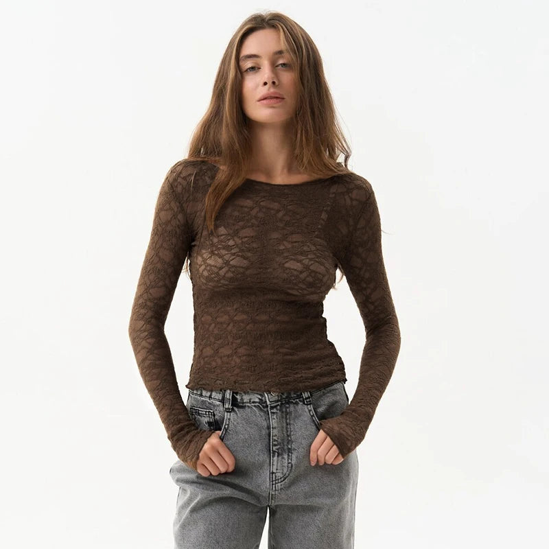 Clara - Trendy Transparante Kant Top met Lange Mouwen