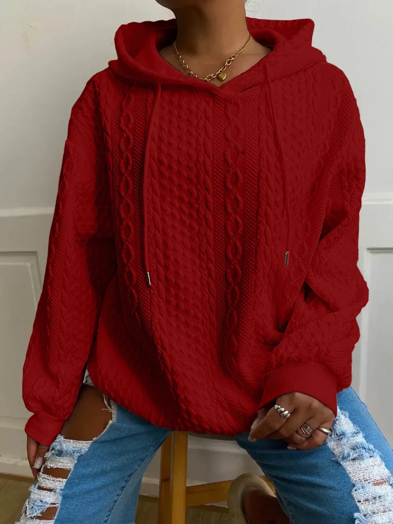 Dames Winter Hoodie met Lange Mouwen in Kabelbreisel | Losse Pasvorm