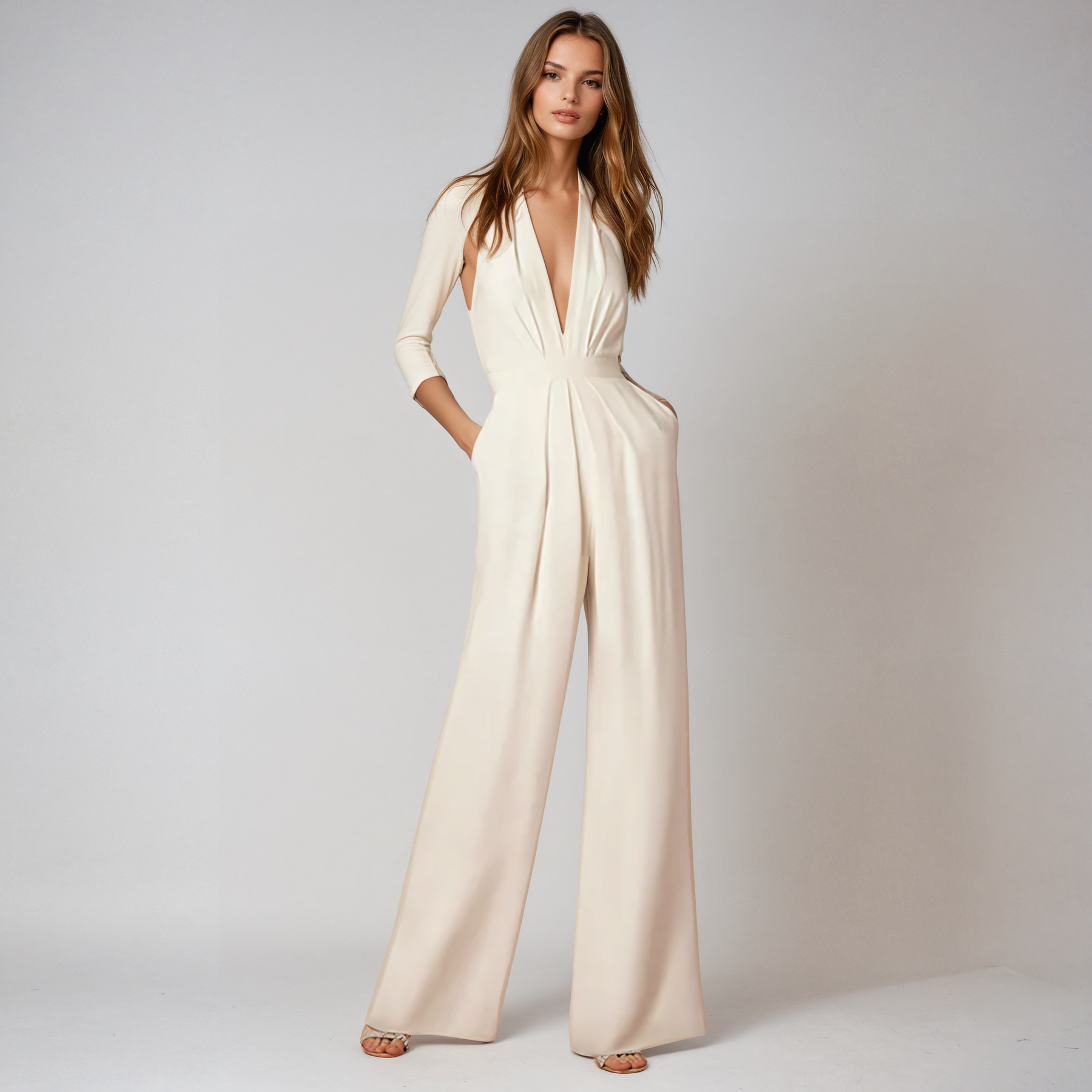 Lisette - Dames Elegante Diepe V-Hals, Rugloze Wijde Pijpen Jumpsuit