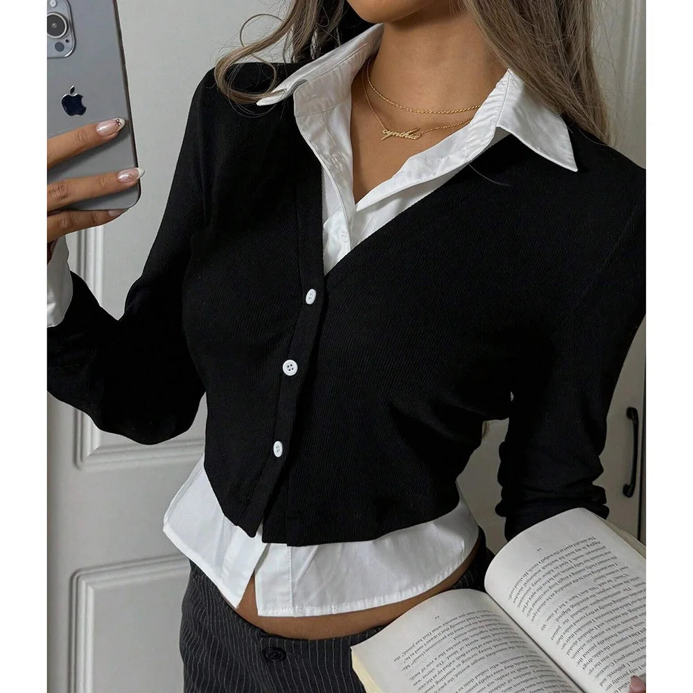 Victoria - Chique Tweedelige Blouse met Cropped Cardigan