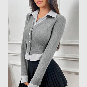 Victoria - Chique Tweedelige Blouse met Cropped Cardigan