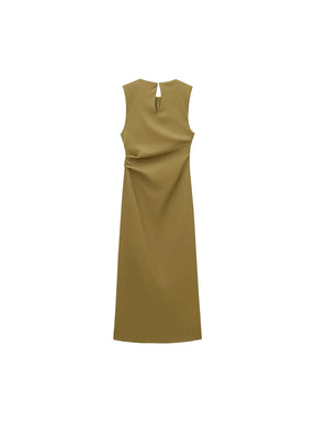 Olivia - Chique Mouwloze Midi Jurk met Goudkleurige Gesp