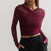 Elisa - Elegante Mesh Crop Top met Lange Mouwen & Gekruist Design