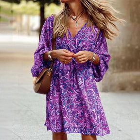 Eilen - Vloeiende Boho Jurk met Bloemenprint en Lange Mouwen