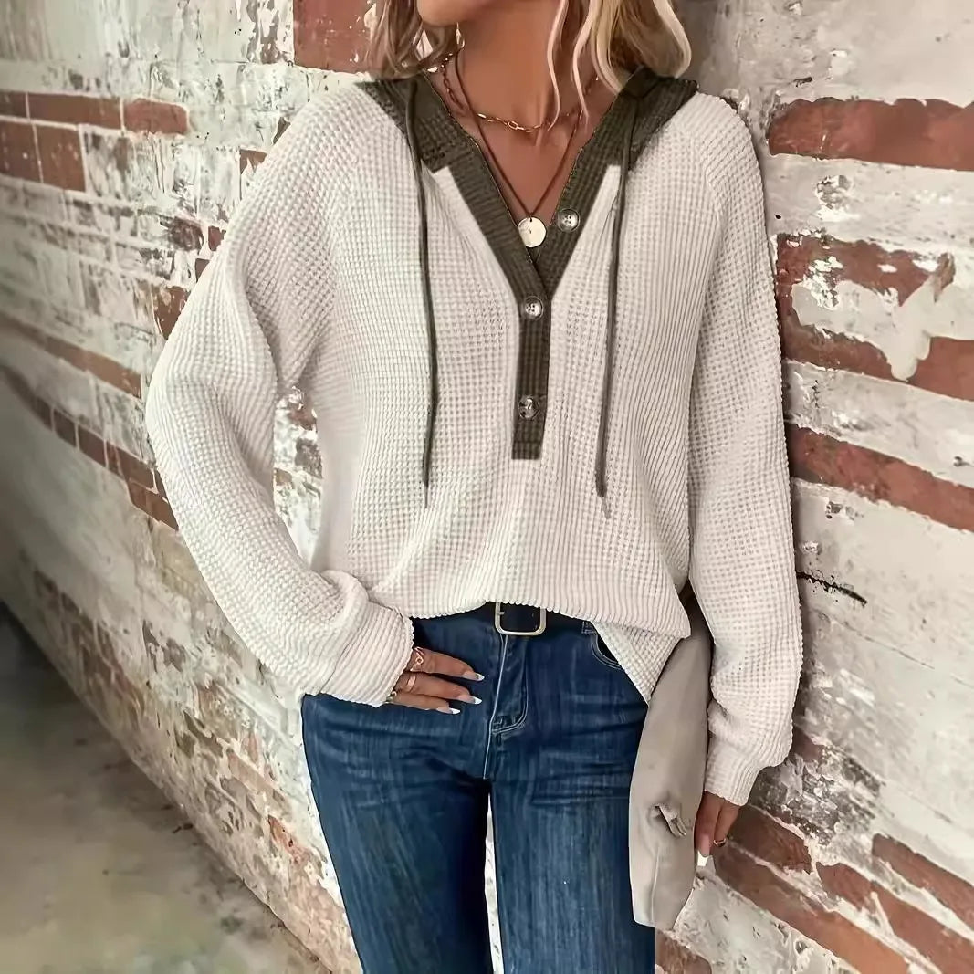 Dames Gebreide Hoodie Trui met Knoopdetails | Gezellig & Warm
