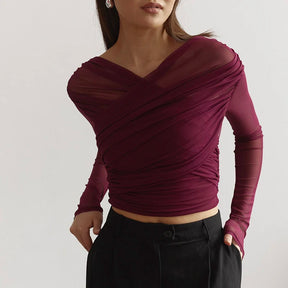 Elisa - Elegante Mesh Crop Top met Lange Mouwen & Gekruist Design