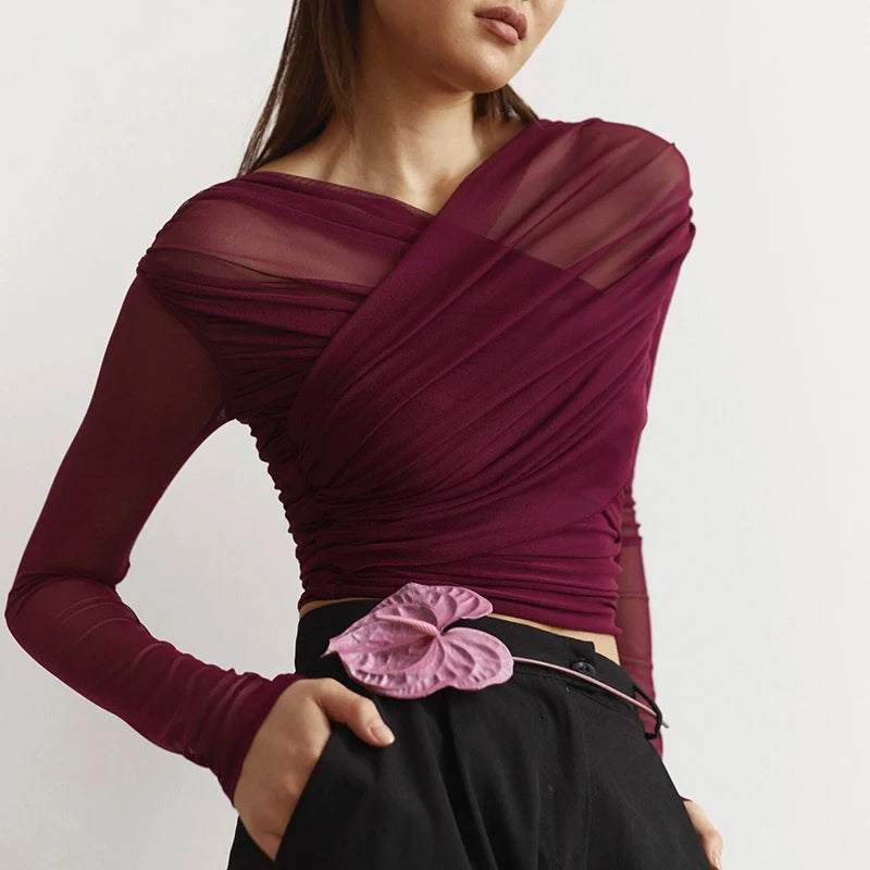 Elisa - Elegante Mesh Crop Top met Lange Mouwen & Gekruist Design