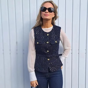 Amélie - Chic Getailleerd Tweed Gilet met Goudkleurige Knopen