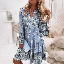 Eilen - Vloeiende Boho Jurk met Bloemenprint en Lange Mouwen