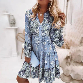 Eilen - Vloeiende Boho Jurk met Bloemenprint en Lange Mouwen