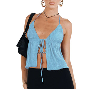 Elena - Elegante Halter Crop Top met Plissé & Striksluiting