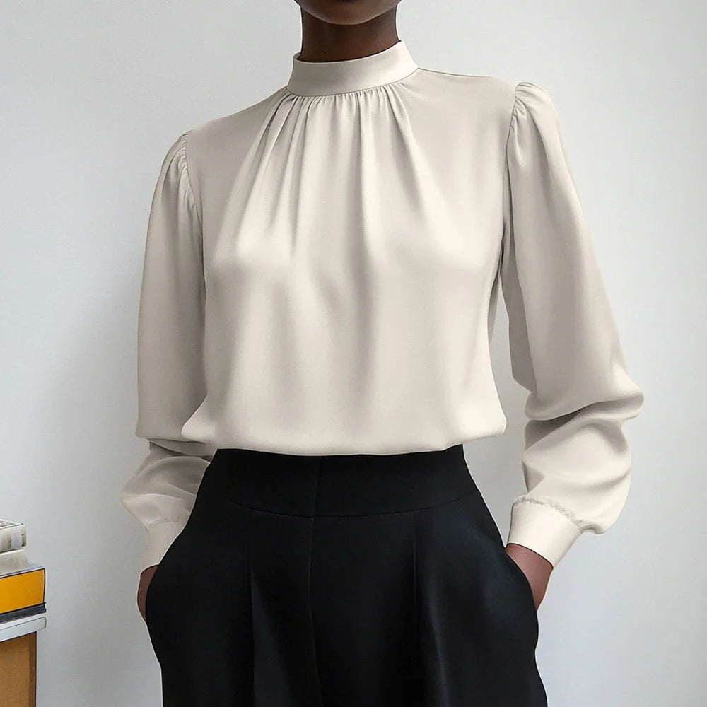 Clara - Elegante Blouse met Opstaande Kraag en Pofmouwen