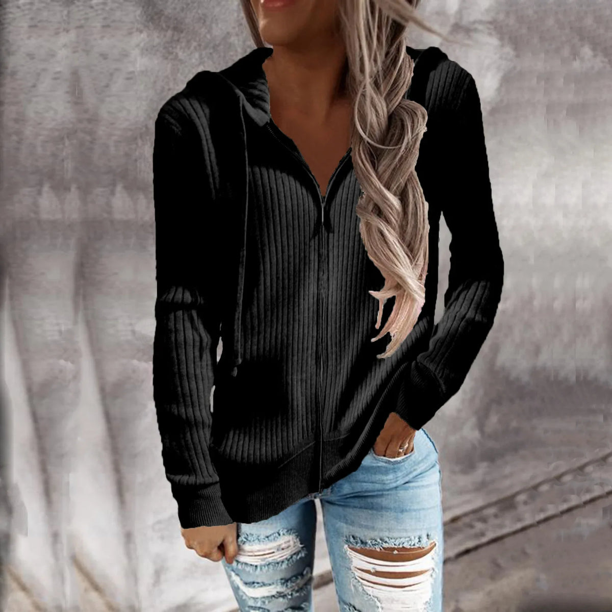 Dames Geribde Winter Hoodie met Rits | Lange Mouwen & Warm
