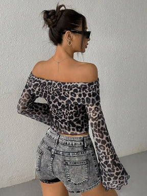 Lena - Trendy Off-Shoulder Mesh Top met Print en Wijde Mouwen