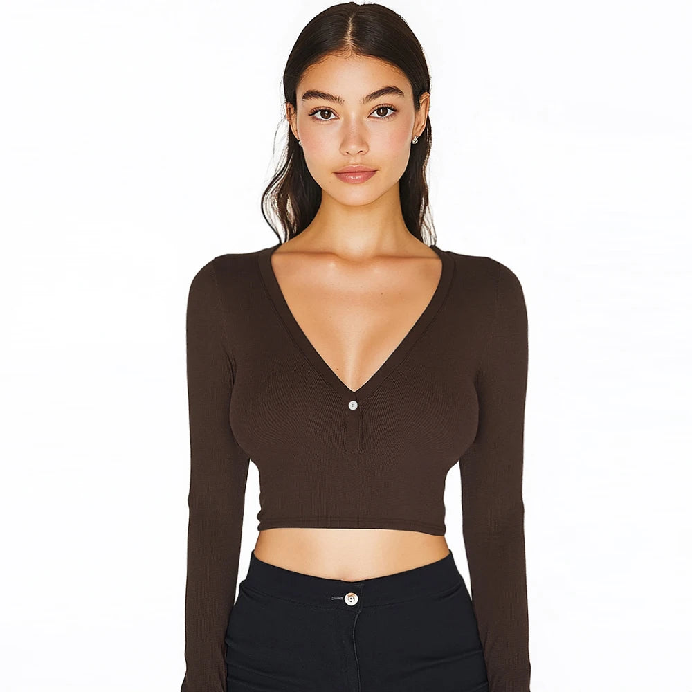 Elena - Trendy Geribde Cropped Top met V-hals en Knoop