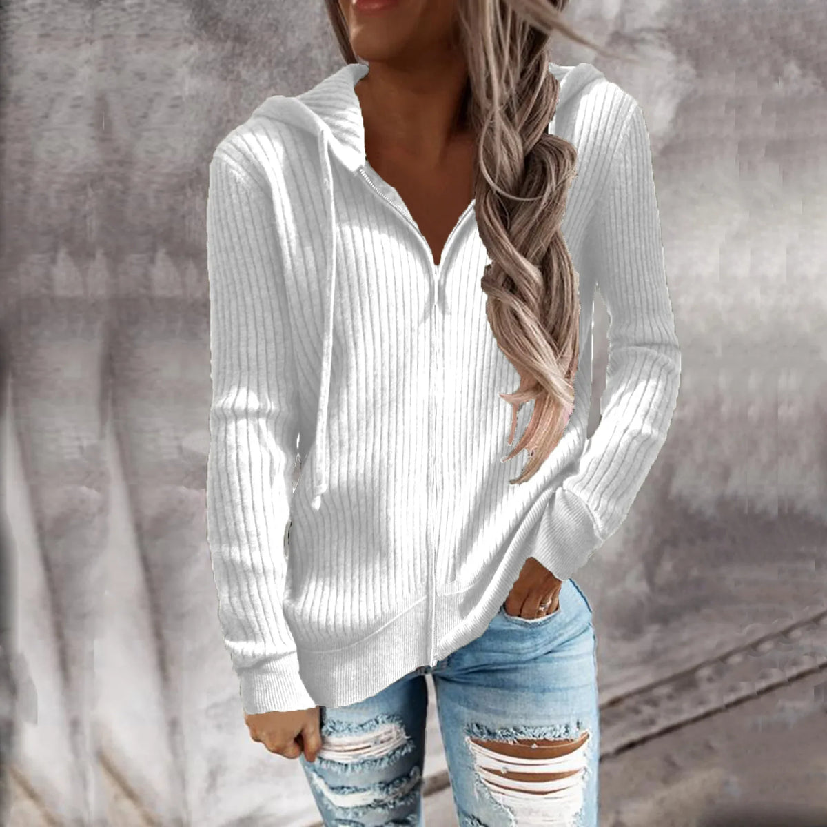 Dames Geribde Winter Hoodie met Rits | Lange Mouwen & Warm