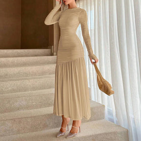 Victoria - Elegante Maxi Jurk met Lange Mouwen & Ruches Detail